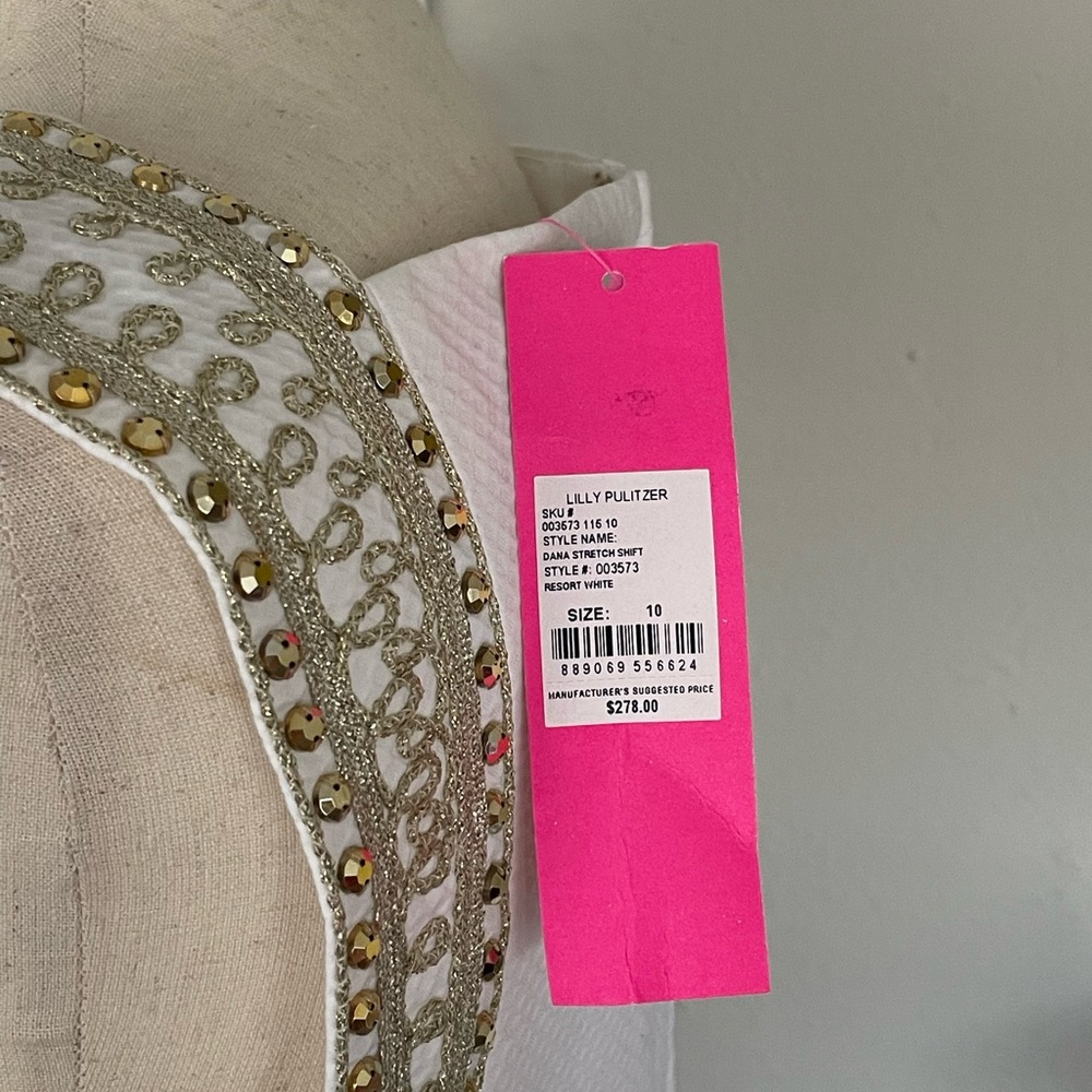 Lily Pulitzer Dana Shift Dress. Elegant White Dress with Gold Accents - Picture 5 of 6